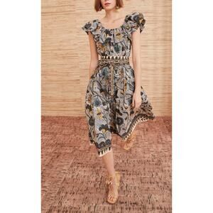Ulla Johnson Amira Floral Cotton-Poplin Belted Midi A-Line Dress White Blue 6